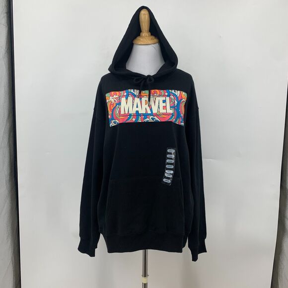 Marvel Hoodie Womens L Large Black Patch Logo Pullover Fleece Sweatshirt New - Picture 2 of 15